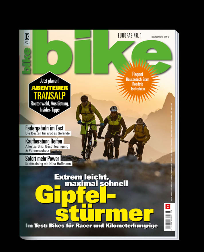   BIKE 3/2021 – ab 2. Februar erhältlich. Bestellen Sie sich die aktuelle <a href="https://www.delius-klasing.de/bike" target="_blank" rel="noopener noreferrer">BIKE versandkostenfrei nach Hause</a>  oder lesen Sie die Digital-Ausgabe in der BIKE App für <a href="https://itunes.apple.com/de/app/bike-das-mountainbike-magazin/id447024106?mt=8" target="_blank" rel="noopener noreferrer nofollow">iOS</a>  oder <a href="https://play.google.com/store/apps/details?id=com.pressmatrix.bikeapp" target="_blank" rel="noopener noreferrer nofollow">Android</a> . Besonders günstig und bequem erleben Sie <a href="http://www.delius-klasing.de/bike-lesen-wie-ich-will?utm_campaign=abo_2020_6_bik_lesen-wie-ich-will&utm_medium=display&utm_source=BIKEWebsite" target="_blank" rel="noopener noreferrer">BIKE im Abo</a> .