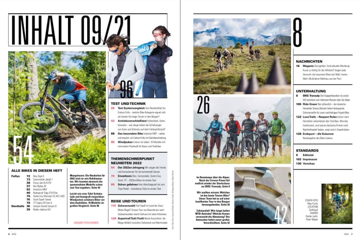   Inhalt: 11 Bikes aller Kategorien im Test, der Themenschwerpunkt Neuheiten 2022 und 48 Seiten Gravel-Spezial extra– jetzt in BIKE 9/2021.