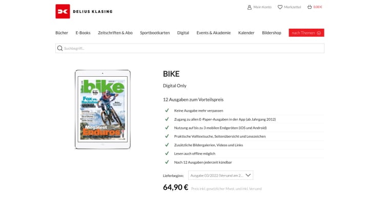   Mit dem <a href="https://www.delius-klasing.de/SubscriptionShop/detail/abo/2570" target="_blank" rel="noopener noreferrer">digitalen Jahresabo</a>  verpasst man sicher keine Ausgabe und spart im Vergleich zu den Einzelkäufen am Kiosk 13 Euro im Jahr. <a href="https://www.delius-klasing.de/bike-digital" target="_blank" rel="noopener noreferrer">Alle Abo-Optionen von BIKE gibt es hier im Überblick.</a>