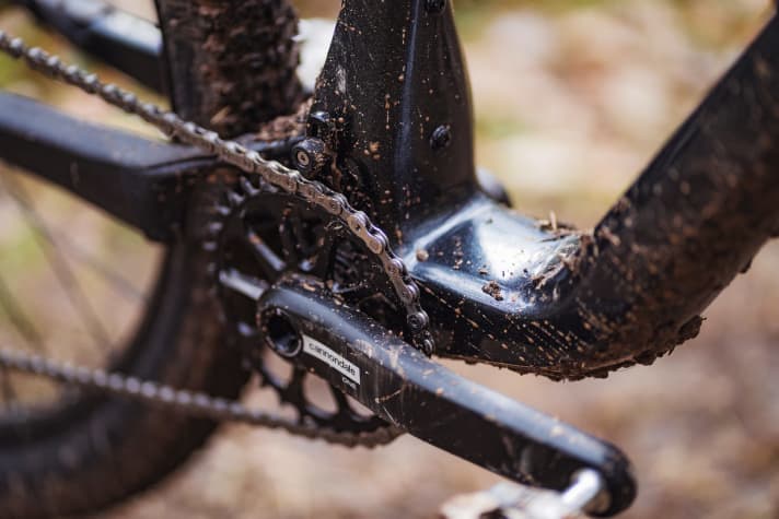   Cannondale Scalpel SE2: Für alle Fälle ist eine kleine Kettenführung mit an Bord. Der Bauch am Unterrohr schafft Platz für die zweite Trinkflasche im Rahmendreieck.