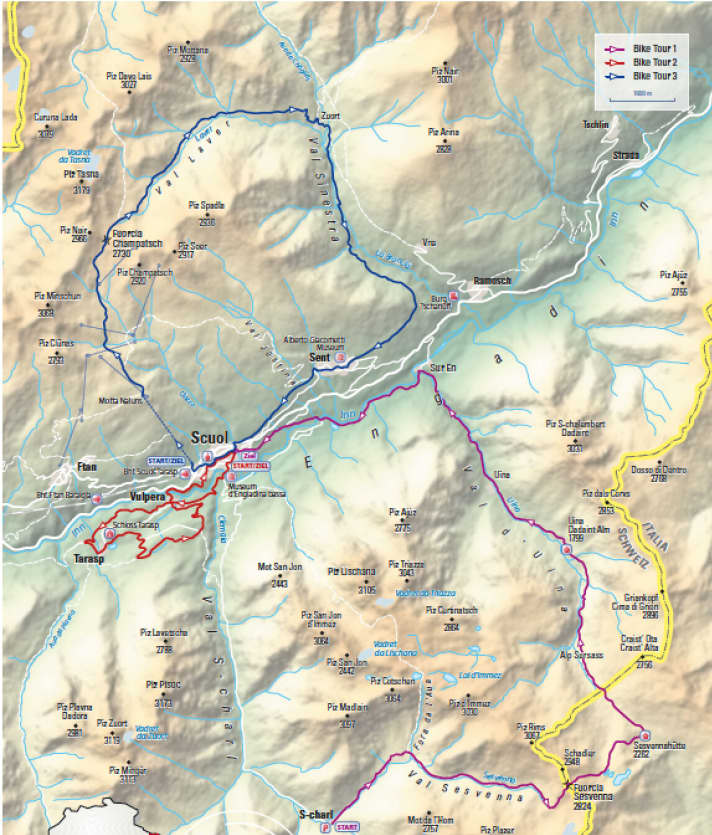   Die drei Touren rund um Scuol in der Übersichtskarte