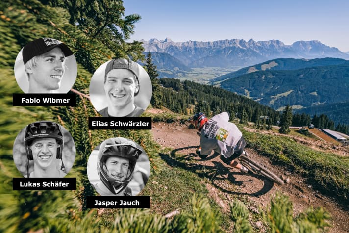 Prominente Biker, die beim BIKE Festival Leogang 2022 dabei sein werden: Fabio Wibmer, Elias Schwärzler, Lukas Schäfer und Jasper Jauch.