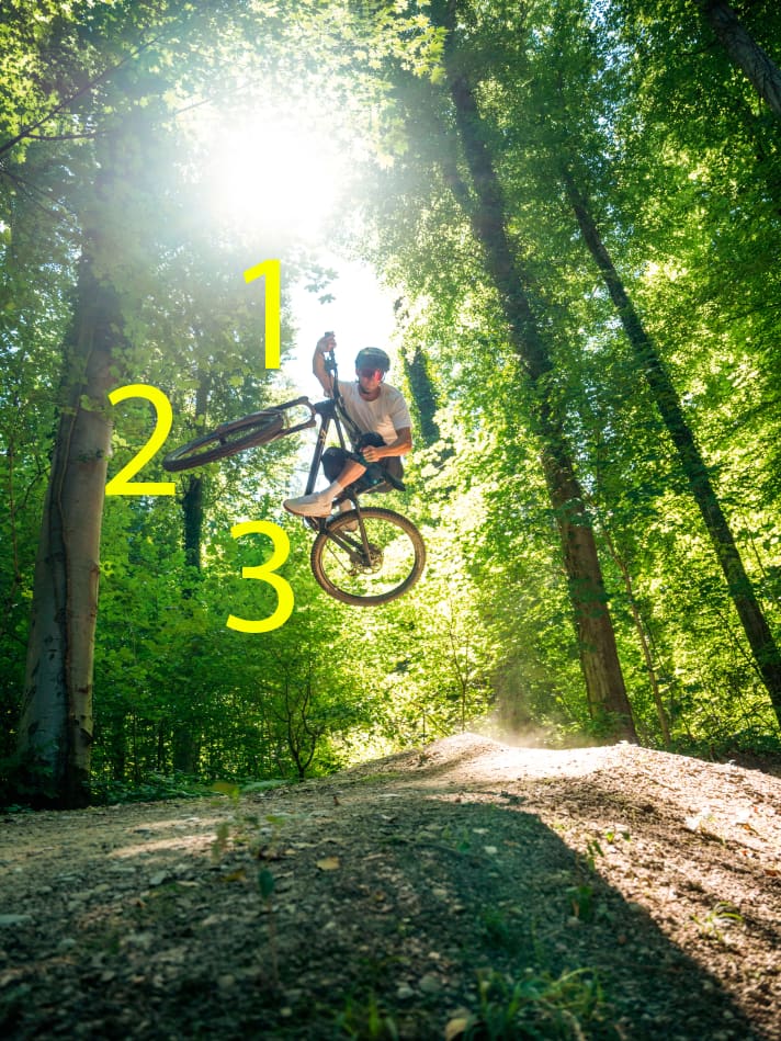 Der Euro-Table: 1. Lenke aktiv nach 
 unten. Das unterstützt die ganze Kippbewegung des Bikes. - 2. Je aktiver Du ab-
 springst, desto größer die Chancen, das Bike schön zu tweaken. - 3. Die Beine nehmen den 
Rahmen in die Zange. Besonders das untere Bein drückt nach oben und legt das Bike flach.