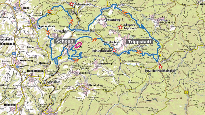 Streckenverlauf der Schoppen-Tour in der Übersichtskarte 