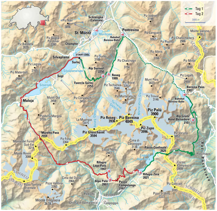 Bernina-Umrundung mit dem MTB: die Karte zur 2-Tages-Tour
