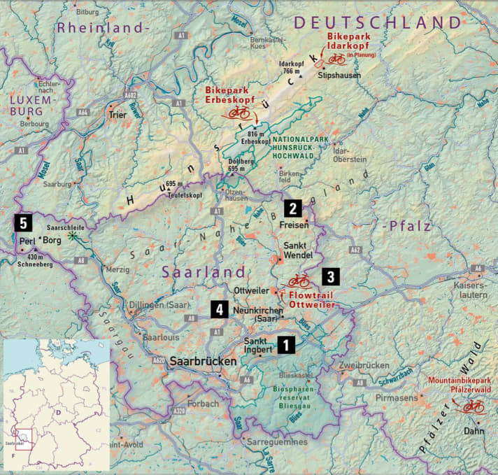 Saarbrücken und fünf weitere Top-Mountainbike-Spots im Saarland: Die GPS-Daten aller  Bike-Touren gibt’s unten kostenlos zum Download.