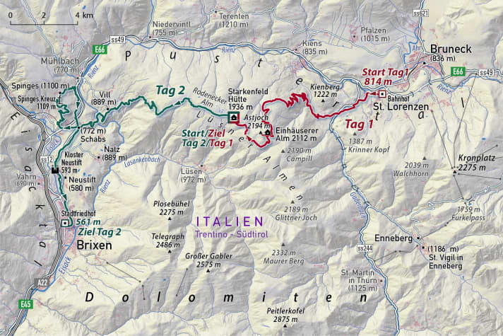 Kaart van de huttentocht Starkenfeldhütte in Zuid-Tirol