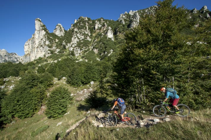 Die Trail-Abfahrt vom Rif. Campogrosso nach Valli del Pasubio hinunter mit Blick auf die “Kleinen Dolomiten”. Der Pfad hat ein paar Abschnitte, die herausfordern, aber im Großen und Ganzen ist er leicht zu fahren.  