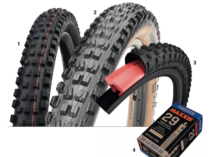 1 = <a href="https://www.awin1.com/cread.php?awinmid=11768&awinaffid=471469&clickref=B+Schwalbes+Magic+Mary&ued=https%3A%2F%2Fwww.rosebikes.de%2Fschwalbe-magic-mary-evolution-super-gravity-addix-soft-tle-mtb-faltreifen-2693685" target="_blank" rel="noopener noreferrer nofollow">Schwalbes Magic Mary</a>*, 2 = <a href="https://www.awin1.com/cread.php?awinmid=14547&awinaffid=471469&clickref=B++Maxxis+Minion+DHF&ued=https%3A%2F%2Fwww.maciag-offroad.de%2Fmaxxis-mtb-reifen-minion-dhf-freeride-skinwall-27-5-x-2-30-zoll-tubeless-ready-exo-3cmaxxterra-faltbar-sid86389.html" target="_blank" rel="noopener noreferrer nofollow">Maxxis Minion DHF</a>* und <a href="https://www.awin1.com/cread.php?awinmid=14547&awinaffid=471469&clickref=B++Maxxis+Minion+DHR&ued=https%3A%2F%2Fwww.maciag-offroad.de%2Fmaxxis-mtb-reifen-minion-dhr-ii-freeride-schwarz-26-x-2-30-zoll-tubeless-ready-exo-dual-faltbar-sid96067.html" target="_blank" rel="noopener noreferrer nofollow">DHR</a>*, 3 = Reifen-Insert, 4 = <a href="https://www.awin1.com/cread.php?awinmid=14547&awinaffid=471469&clickref=B+Maxxis+Freeride+DH+light+Schlauch&ued=https%3A%2F%2Fwww.maciag-offroad.de%2Fmaxxis-mtb-schlauch-freeride-dh-light-27-5-zoll-ventil-36-mm-sid77224.html" target="_blank" rel="noopener noreferrer nofollow">Maxxis Freeride/DH light Schlauch</a>*