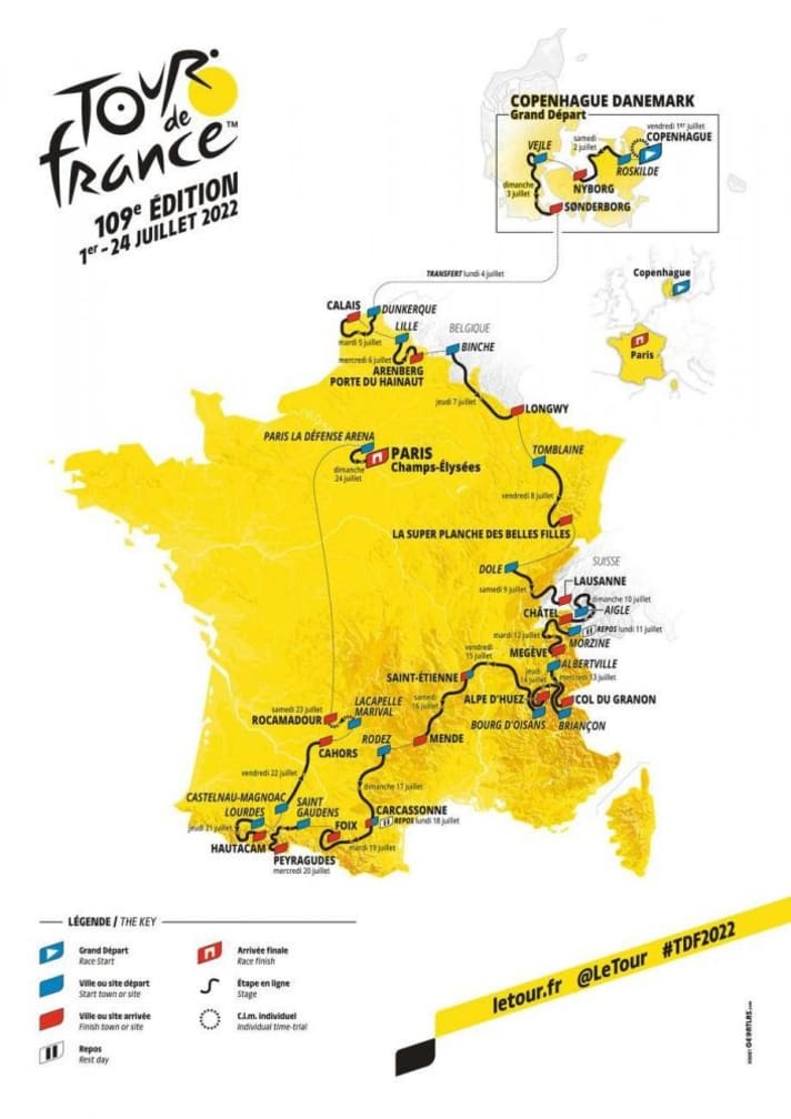 Die gesamte Strecke der Tour de France 2022 in der Übersichtskarte: Oben eingeklinkt die ersten drei Etappen in Dänemark.