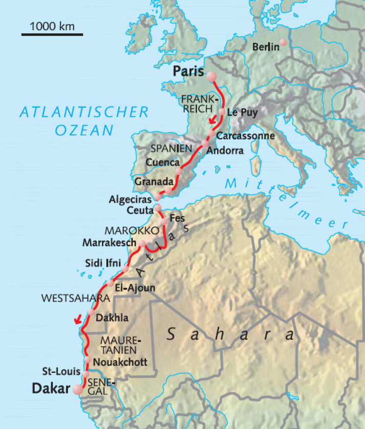  Fast die gesamten 7.200 Kilometer führen über asphaltierte Straßen. In 59 Etappen mit bis zu 180 Kilometern (meist 100 bis 150 km) und bis zu 2.500 Höhenmetern geht es durch Frankreich, Andorra, Spanien, Marokko, Westsahara, Mauretanien in den Senegal. 