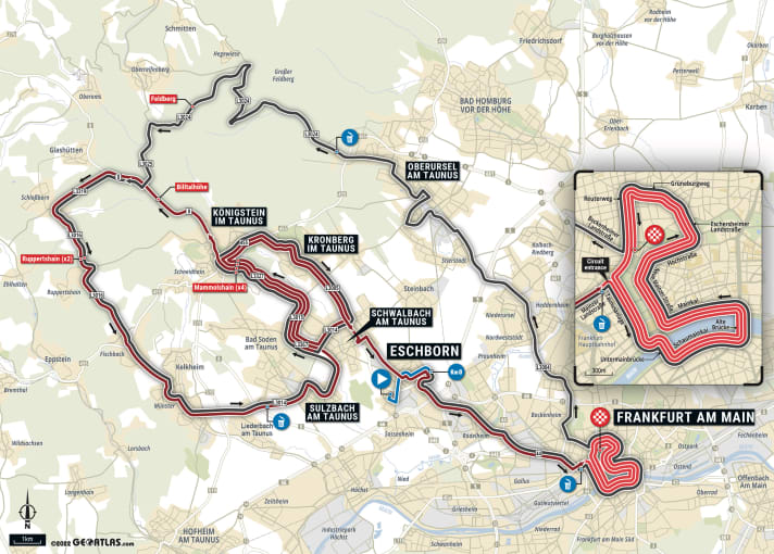Start der Elite-Strecke ist in Eschborn. Nach 185 Kilometern und drei Mainschleifen kommen die Rennfahrer in Frankfurt ins Ziel.