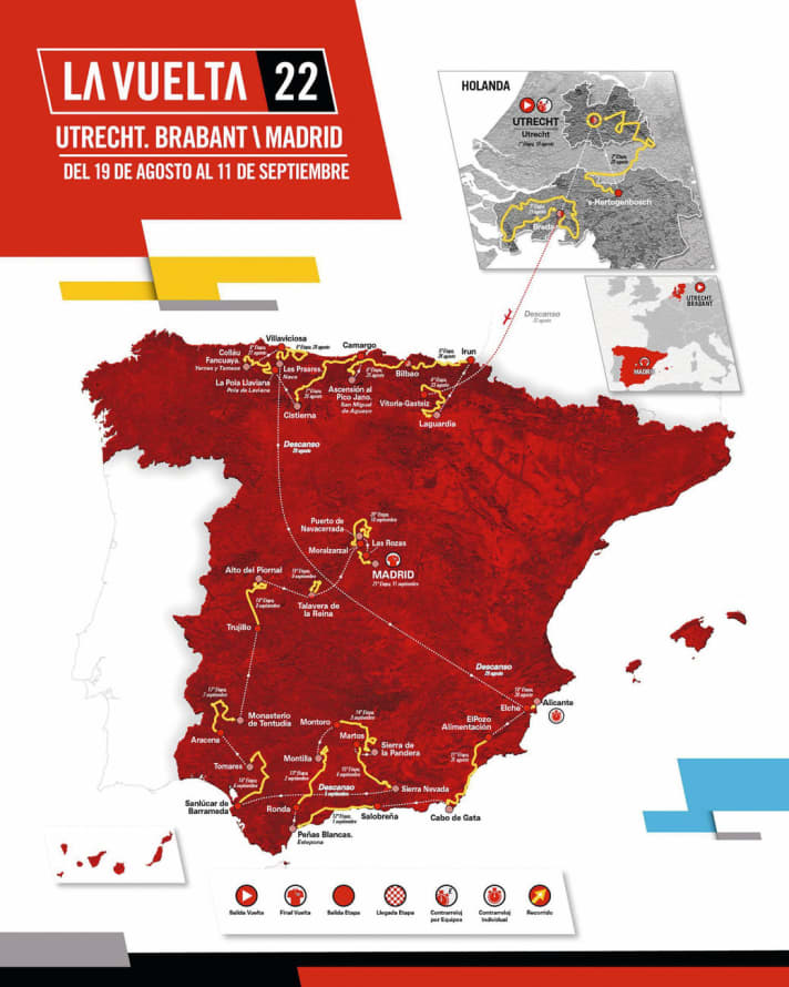 Die Strecke der Vuelta 2022 in der Übersichtskarte. Nach drei Tagen in den Niederlanden zog der Tross der Spanien-Rundfahrt in den Norden des Landes weiter.