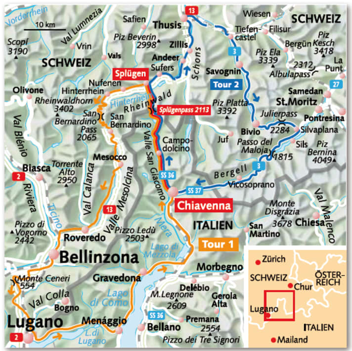   Der Splügenpass lässt sich in zwei lange, harte Rundtoureneinbinden: Tour 1 (220 Kilometer, 3.000 Höhenmeter) und Tour 2 (165 Kilometer, 3.500 Höhenmeter) 