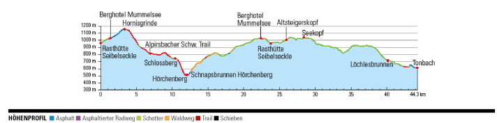 Kurze Rest-Auffahrt zur Hornisgrinde, dann 700 tm Trail nach Hörchenberg. Am Ende aussichtsreich über die Schwarzwald-Hochstraße zurück nach Tonbach/Baiersbronn.