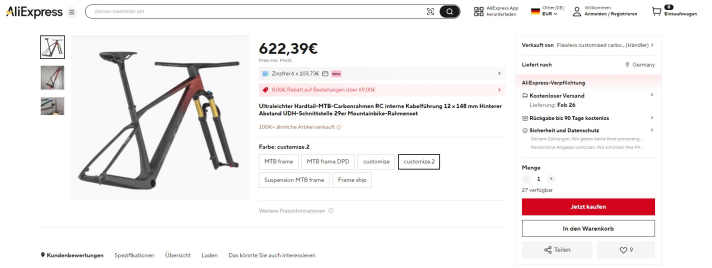 Sieht nur auf den ersten Blick aus wie ein Schnäppchen: Die Fälschung des Scott Scale Carbon-Rahmens für 622 statt 4999 Euro.