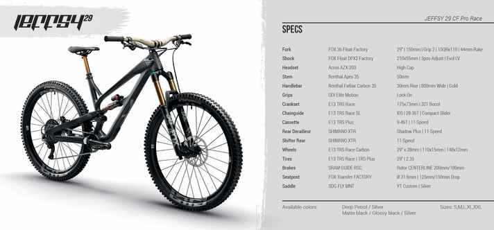   Die Topversion des Jeffsy hat in 29 Zoll 150 Millimeter Federweg an Vorder- und Hinterrad und kostet 5299 Euro. Als Fahrwerk fungieren Fox-Topmodelle mit Kashima-Beschichtung, Guide RSC-Bremsen sorgen für Verzögerung und den Antrieb stellt Shimanos XTR mit einer breitbandigen 11fach-E-Thirteen-Kassette.