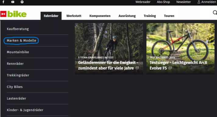 Unter der Oberkategorie “Fahrräder” werden Sie durch das Klicken auf “Marken & Modelle” zur “Markenübersicht” weitergeleitet.