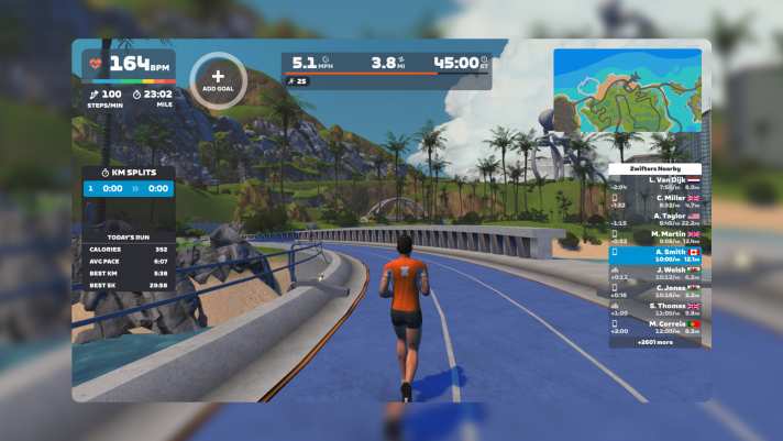 Läufer erhalten außerdem ein Update des HUD, das eine feste Anzeige für die Herzfrequenzzonen, die Herzfrequenz und die Anzahl der Schritte pro Minute enthält. Wahoo KICKR Run-Besitzer sehen nun auch die neue Dynamic Elevation-Anzeige, wenn sie die Neigungs-Steuerung verwenden.