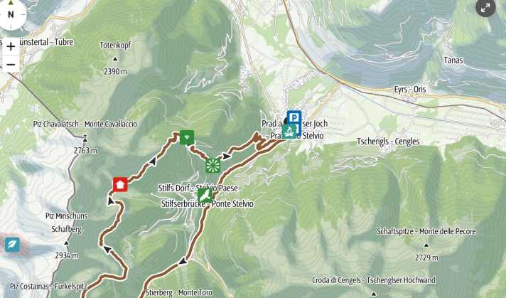 Die letzten Abfahrtsmeter des Goldseewegs führen durch das Brandgebiet über Stilfs und Prad
