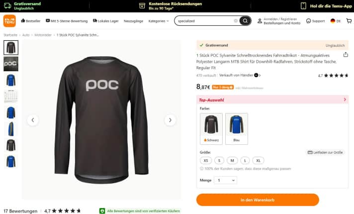 Das ist doch mal ein Schnäppchen, oder? Eher nicht. Die Fälschung auf Temu sieht zwar aus, wie ein POC-Trikot, stammt aber von einem namenlosen Hersteller aus China.