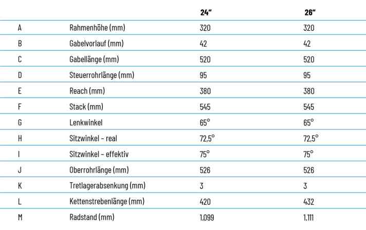 Die Geometrie soll speziell die Bedürfnisse junger Fahrer erfüllen. Bei einem Wechsel auf 26 Zoll ändert der Flipchip keine Winkel, sondern verlängert nur die Kettenstrebenlänge und damit den Radstand. Die größeren Laufräder vergrößern zusätzlich die Tretlager- und Überstandshöhe (nicht angegeben).