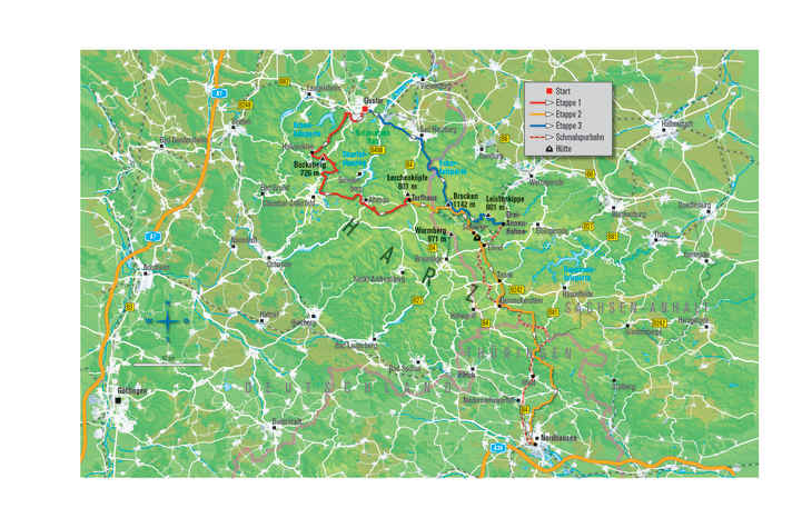   Die Übersichtskarte zeigt die drei Etappen der Harz-Durchquerung. Dabei überquert man zwei Mal den Brocken.