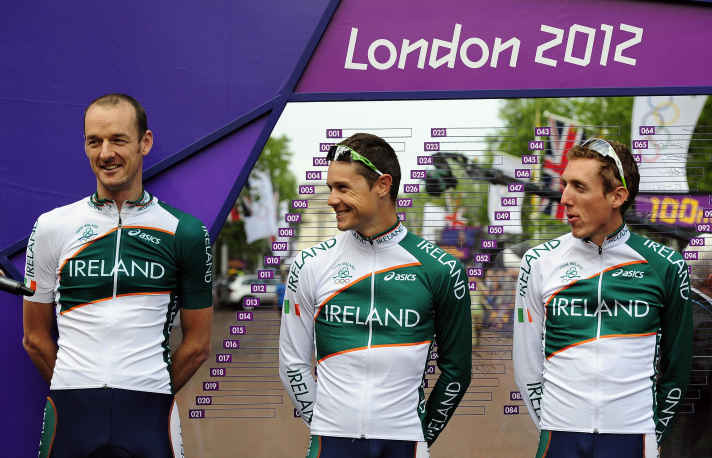 Nicolas Roche (Mitte) und Daniel Martin (rechts) für Irland bei den Olympischen Spielen 2012 in London.