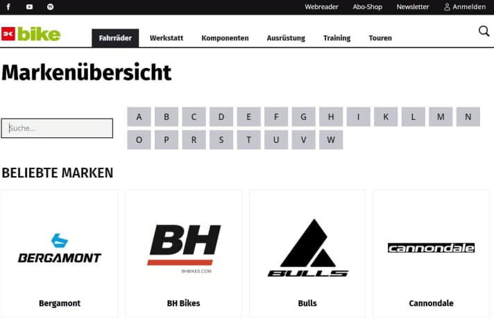 Die neue BIKE-Markenübersicht: Hier werden alle möglichen Räder nach Marken geordnet.