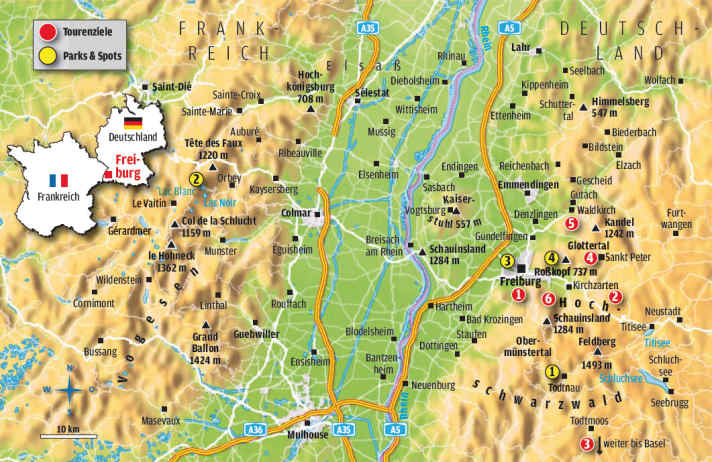   Karte mit den MTB-Touren und Bikeparks rund um Freiburg.