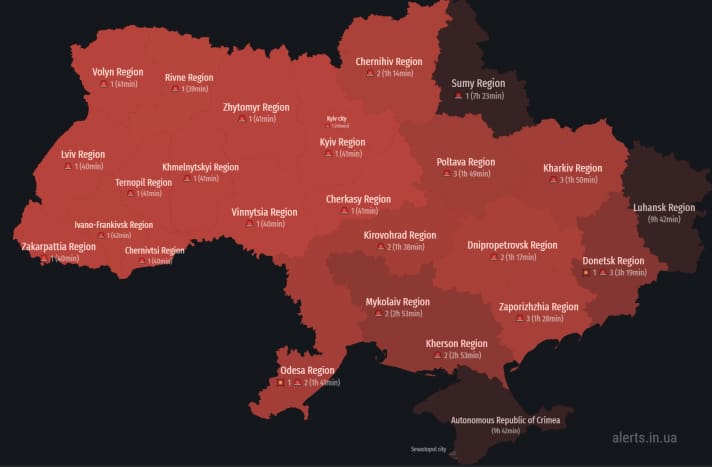 Die Karte zeigt wo aktuell Luftalarm gilt | Screenshot: erstellt am 8. August