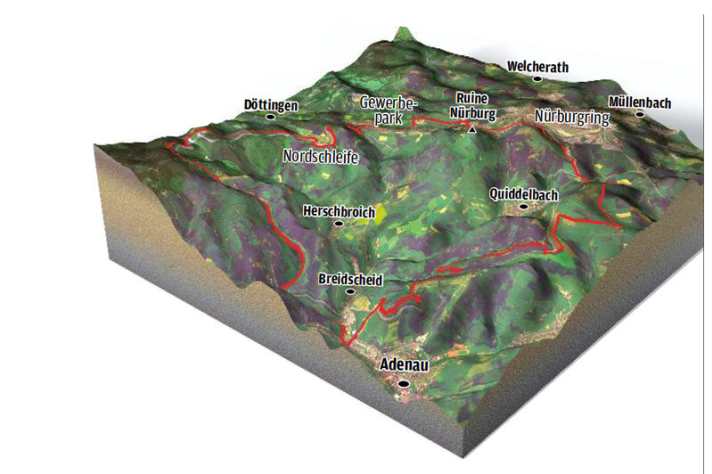   Die Nürburgring-Nordschleife mit seinen Höhen und Tiefen: Die MTB-Route führt außen um die Rennstrecke.