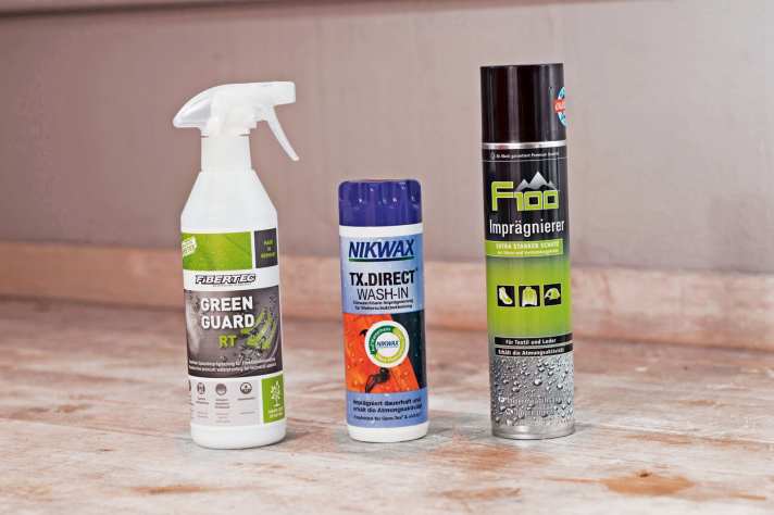   Imprägniermittel im Überblick: Green Guard (li.), Nikwax (mi.) und Dr. Wack.