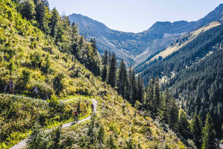   Der Mühlwald Trail oberhalb von Bichlbach lässt sich leicht rollen. So bleibt ein Auge für die Aussicht.