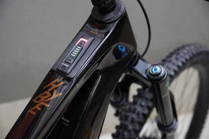 Der schlichte Bosch Systemcontroller zeigt Akku-Stand und U-Stufe. Die Adapterplatte verrät: Das Bike ist auf künftige Displaygenerationen von Bosch vorbereitet.