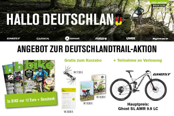 Zur Deutschland-Trail-Aktion gibt es ein besonderes <a href="01969b/"  rel="noopener noreferrer">Abo-Angebot</a> : Sie bekommen 3 Hefte zum Sonderpreis von nur 12 Euro und dazu z.B. ein Outdoor-Buch gratis. Außerdem nehmen alle Besteller automatisch an der <a href="01969b/"  rel="noopener noreferrer">Deutschland-Trail-Verlosung</a>  teil und können Preise im Gesamtwert von 8000 Euro gewinnen.