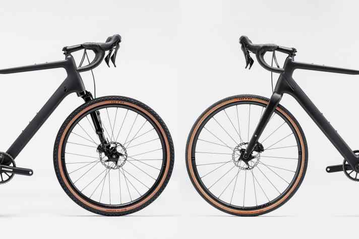   Rechts das Topstone Carbon als „normales“ Gravel-Bike mit 700C-Laufrädern und Carbon-Starrgabel, links die neue Version mit breiten 27,5-Zoll-Laufrädern und der Lefty Oliver-Federgabel. 