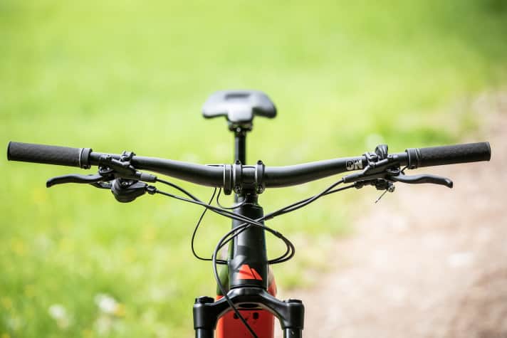   Schickes Detail am Canyon: Das Cockpit wirkt gut aufgeräumt, die Züge verschwinden wie bei den teureren Modellen teilweise im Steuersatz. Auch der hauseigene Sattel mit guter Abstützung nach hinten passt gut ans E-MTB.