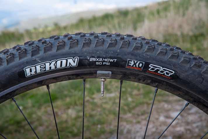   Der recht zahme Maxxis-Rekon-Reifen und die schmalen Felgen am <a href="https://www.focus-bikes.com/de_de/bikes/mountainbike-fully/thron" target="_blank" rel="noopener noreferrer nofollow">Focus Thron</a>  6.9 passen nicht ganz ins abfahrtslastige Bild.