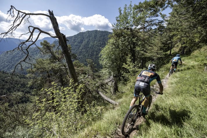Auf dem schmalen Pfad hinüber ins Ledrotal bieten sich auch freie Blicke in die Gardasee-Berge.
