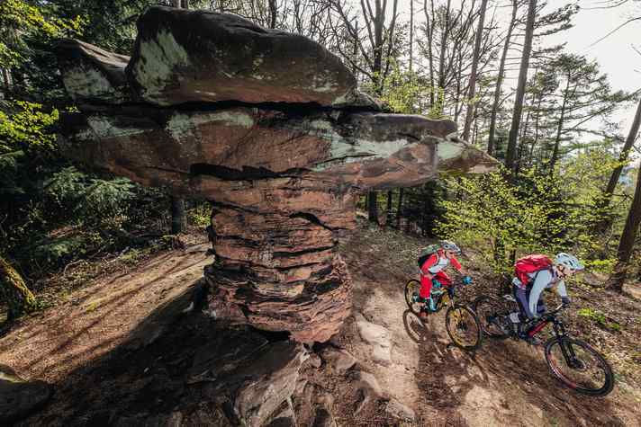 Rote Erde: Das Sandgestein nimmt im Pfälzerwald zum Teil skurrile Formen an und sorgt für perfekten Grip untern den Reifen.