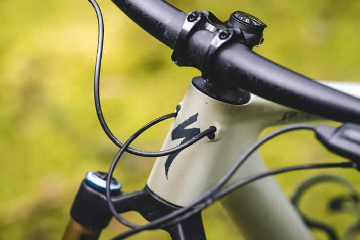 Die hintere Bremsleitung und der Zug für die Vario-Stütze laufen sauber durchs Steuerrohr ins Rahmeninnere des Specialized Epic Evo 8. Geschaltet wird via Funk.