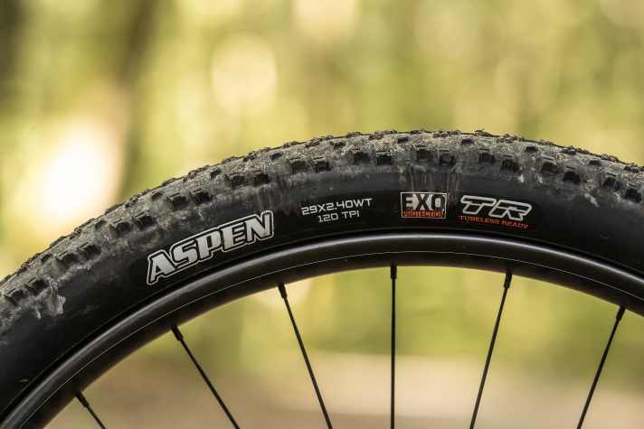Das superleichte Bike Ahead The Frame rollt auf einer Kombi aus Maxxis Aspen und Rekon Race in 2,4 Zoll Breite.