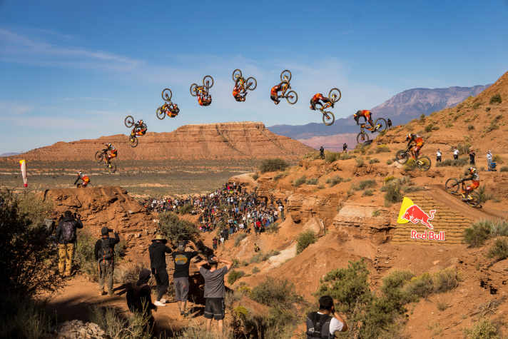 Stunt des Jahres: Bienvenido Aguado Alba flippt über das Canyon-Gap. Dieser Stunt steht für die Rampage 2023.