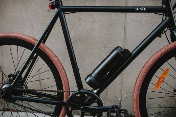 Der Akku am Sushi Bike Maki M1 sieht aus wie eine Trinkflasche, hat aber immerhin 125 Wattstunden.