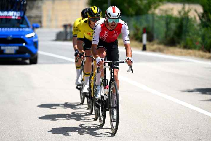 Die Ausreißergruppe auf der 11. Etappe des Giro d’Italia 2024: Thomas Champion, Edoardo Affini und Tim van Dijke