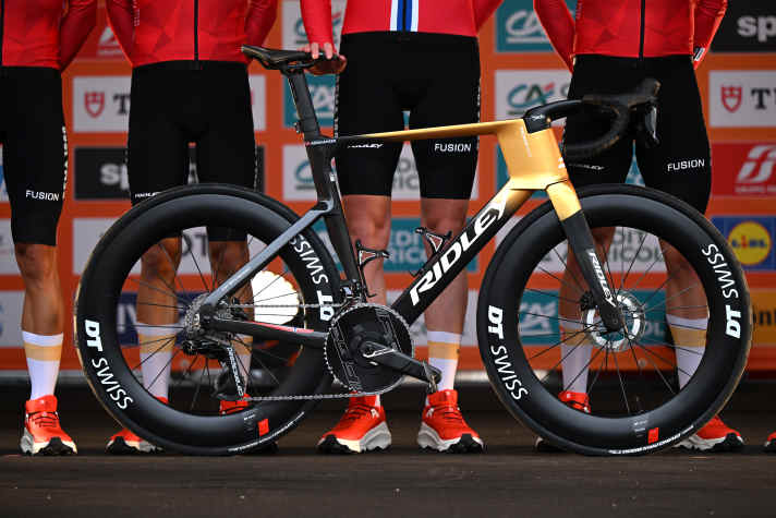 MILAN, ITALY - MARCH 21: Ridley bike of Team Uno-X Mobility during the 116th Milano-Sanremo 2025 - Team Presentation / #UCIWT / on March 21, 2025 in Milan, Italy. (Photo by Dario Belingheri/Getty Images)