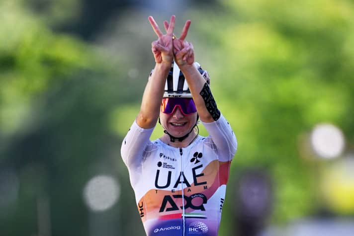 CHAMBERY, FRANCE - AUGUST 01: Maeva Squiban of France and UAE Team ADQ celebrates at finish line as stage winner during the 4th Tour de France Femmes 2025, Stage 7 a 159.7km stage from Bourg-en-Bresse to Chambery / #UCIWWT / on August 01, 2025 in Bourg-en-Bresse, France. (Photo by Szymon Gruchalski/Getty Images)