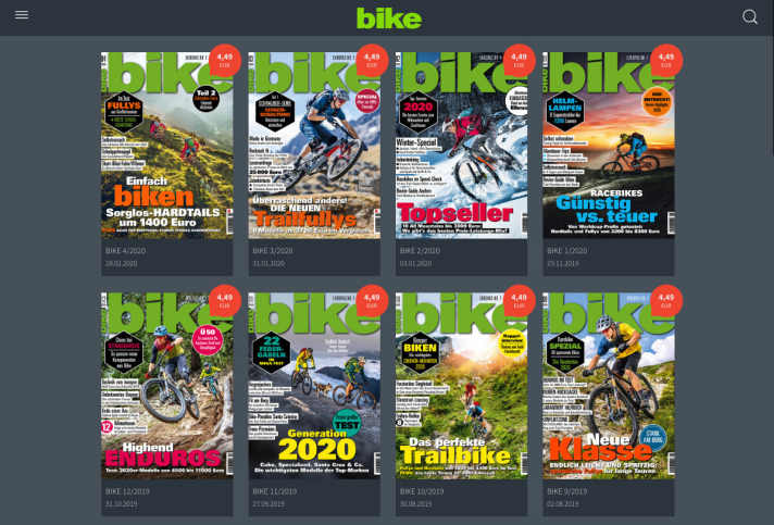   Eine BIKE Ausgabe verpasst? Kein Problem, für <a href="de/profiles/1669d931deeb/editions"  rel="noopener noreferrer">4,99 Euro kann man sowohl aktuelle, als auch alte Ausgaben einzeln</a>  digital lesen. 
