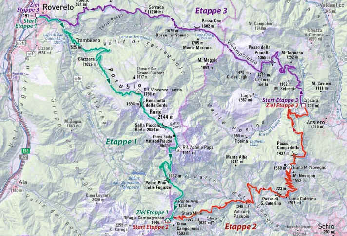 Die dreitägige MTB-Tour am Pasubio in der Übersichtskarte